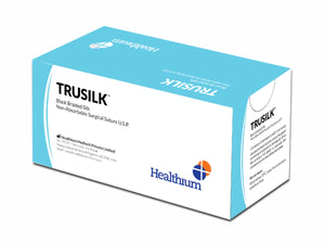 Surgical Sutures by Healthium - Sutures India at Supply This | Healthium (Sutures India) Trusilk code SN 5028T, size 3-0, length 76 cm, needle 3/8 Circle Reverse Cutting, needle length 26 mm, box of 36