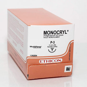 Ethicon Monocryl Polyglecaprone 25 Sutures by Ethicon Sutures - J&J at Supply This | Ethicon Monocryl Sutures USP 0, 1/2 Circle Round Body MH-1 - W3442